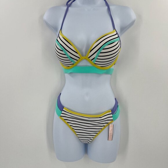 NWT VS Swim Hottie Set 32D‎ M Push Up Bikini Black Stripe Neon Colorblock Itsy - Picture 14 of 14